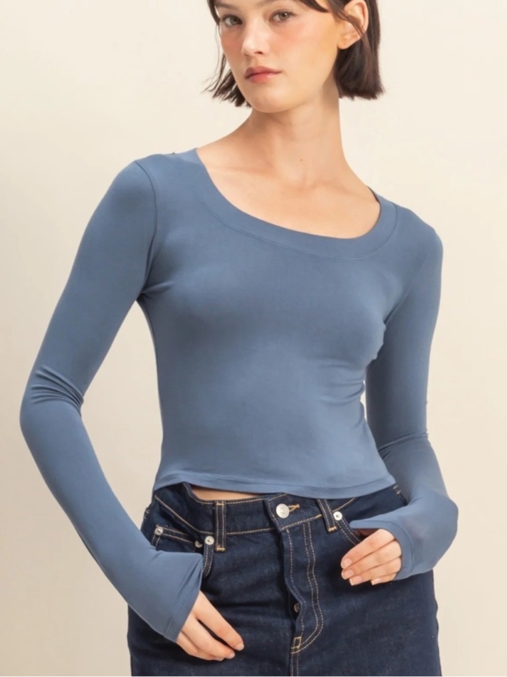 NEW Double Zero Cropped Scoop Neck Long Sleeve Top Basic Tee Dusty Navy size L